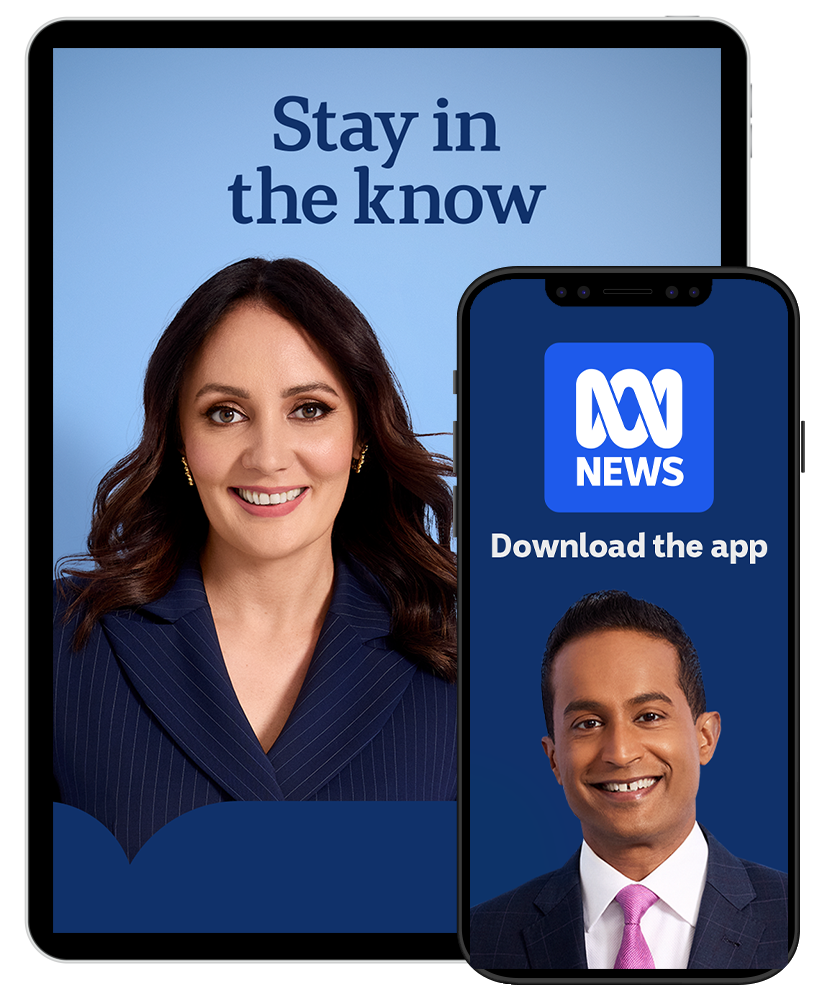 A tablet and phone screen display the faces of ABC presenters Bridget Brennan and Jeremy Fernandez with the ABC NEWS logo. Text reads: Stay in the know, download the app.